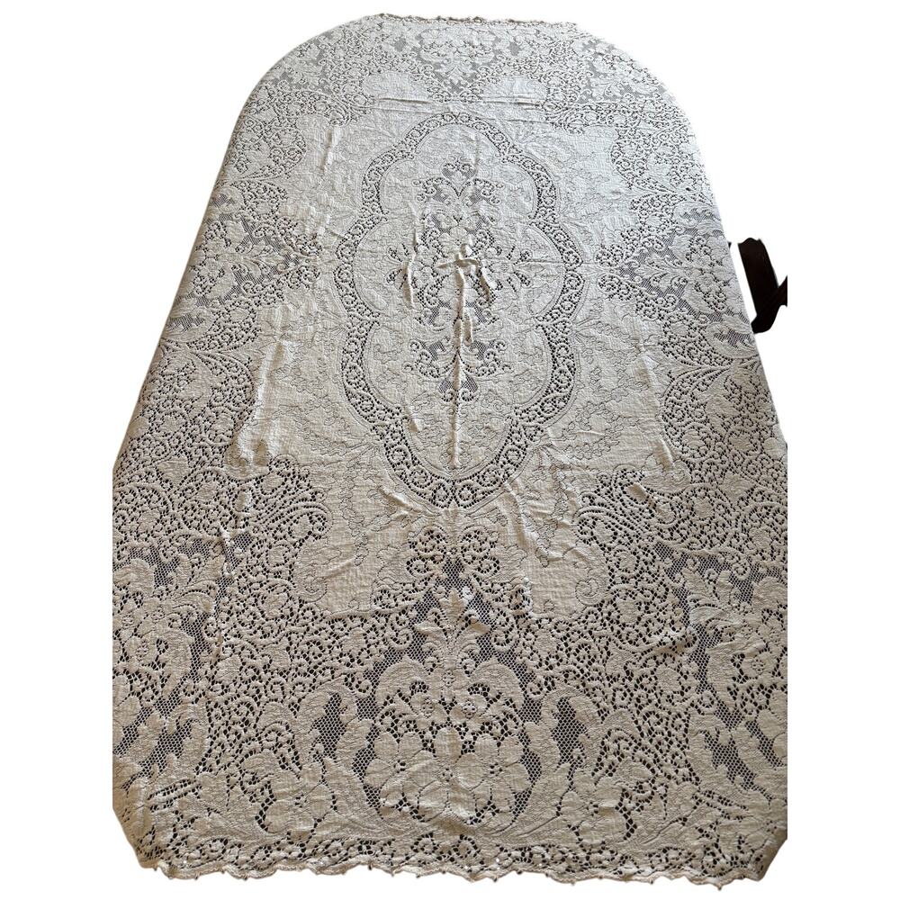 Vintage Ivory Lace Tablecloth 77”x50” Floral Medallion Picot Edge Rectangle